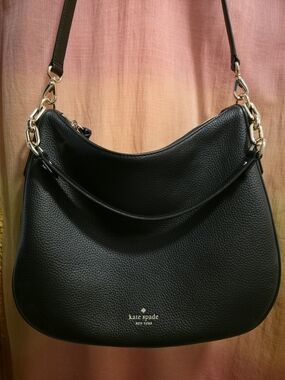 kate spade Black Pebbled Leather Shoulder Bag with Gold Chain Trim